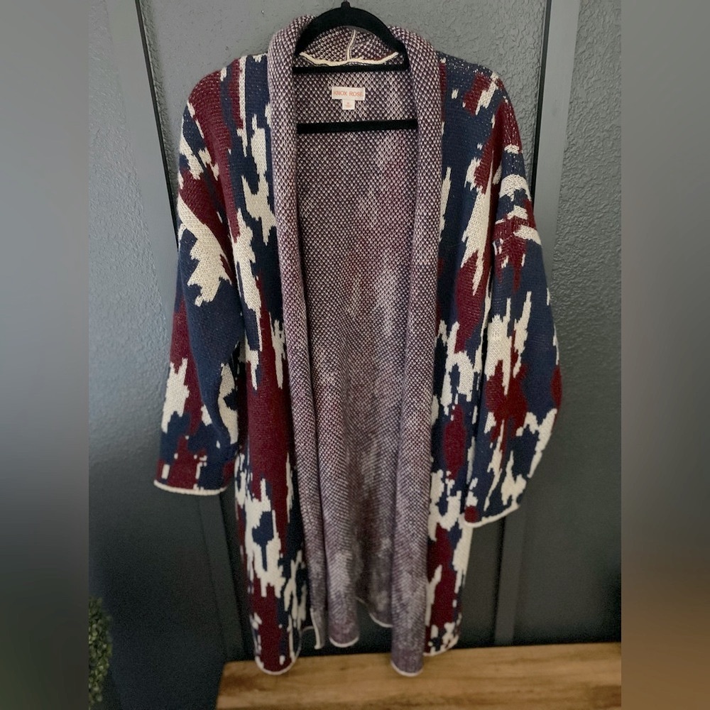 Knox Rose Oversized Duster Cardigan Jacket in Maroon/Navy/Ivory